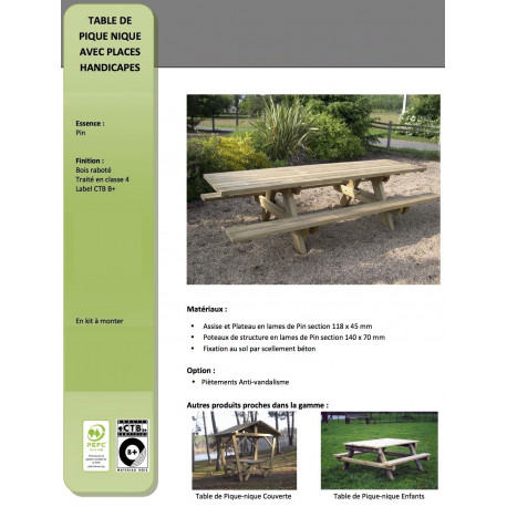 Table pique-nique bois PMR (accès fauteuil roulant)
