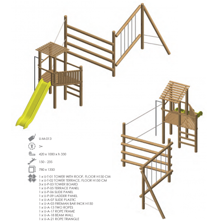 Airs de jeux en bois de robinier modelé 13 pour enfant de 1 à 4 ans 